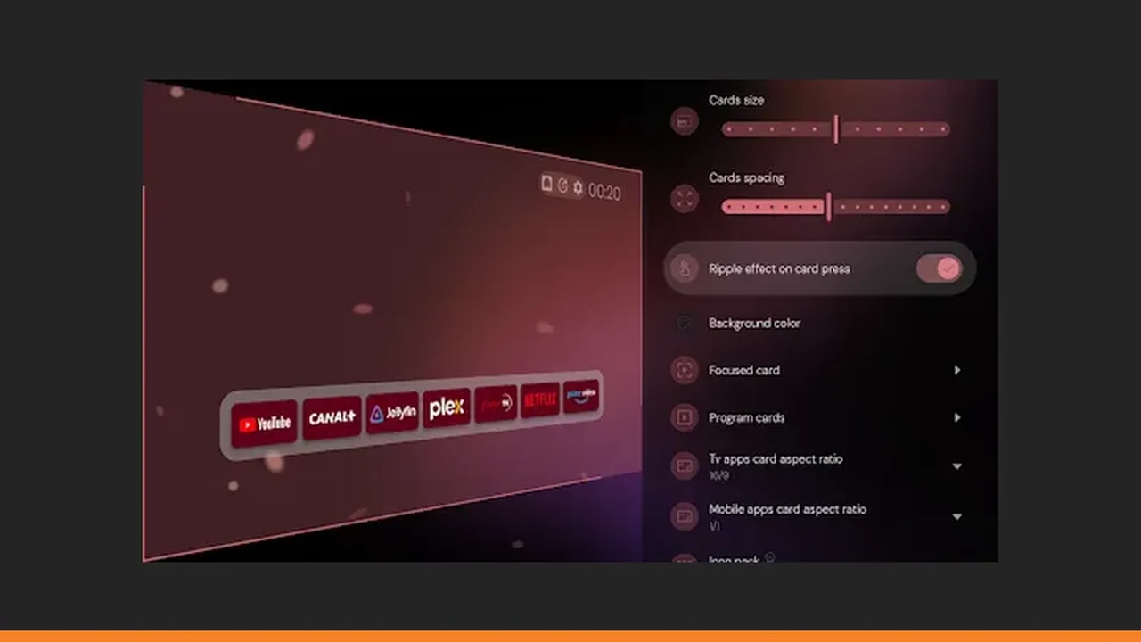 Projectivy Launcher settings panel with display calibration options on a TV