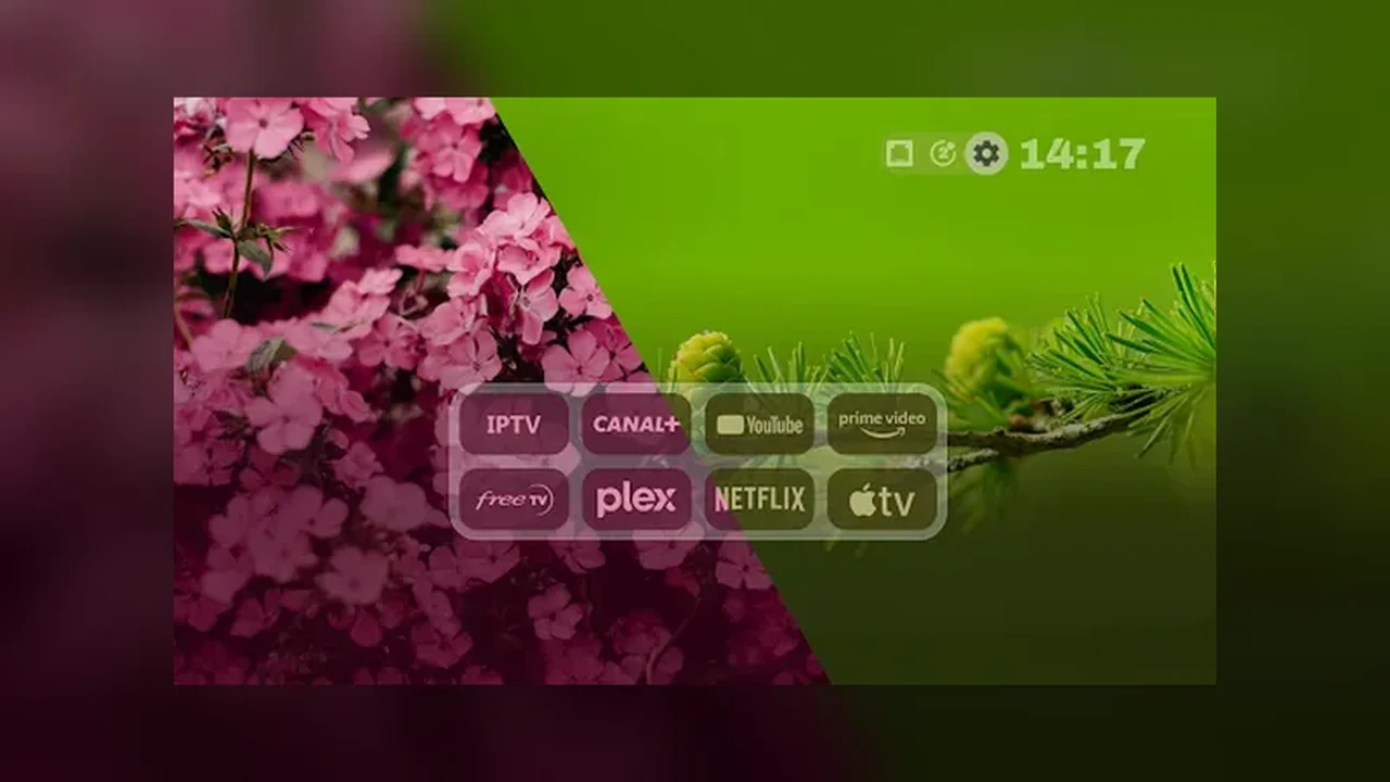 Projectivy Launcher split wallpaper home screen with channel rows and app tray