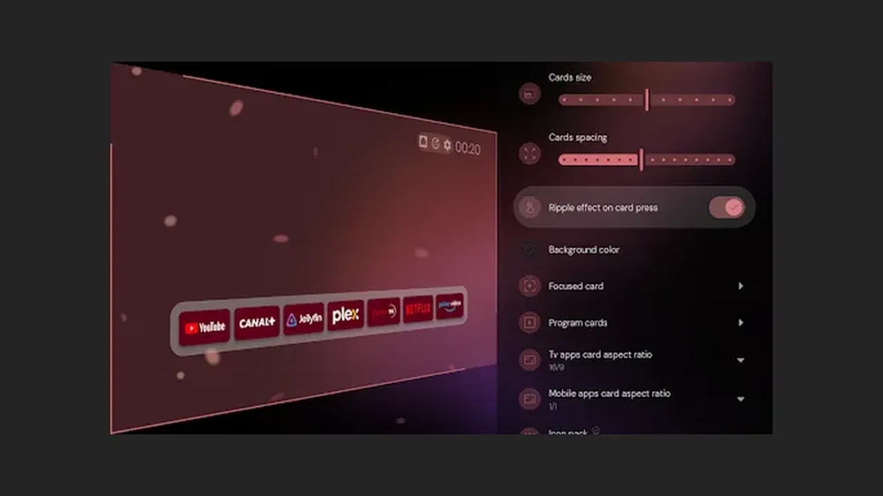 Projectivy Launcher card and ripple settings panel on a TV