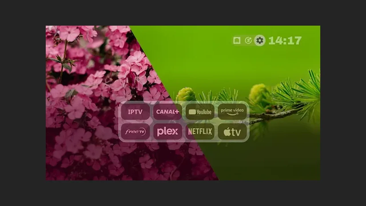 Projectivy Launcher split wallpaper home screen with grouped app tray and input shortcuts