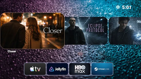 Projectivy Launcher TV home screen with continue watching channel rows and app shortcuts