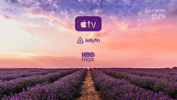 Projectivy Launcher custom app categories over a lavender field wallpaper