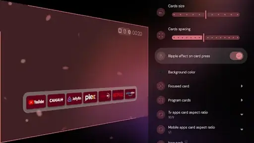 Projectivy Launcher card size, spacing, and ripple effect settings panel